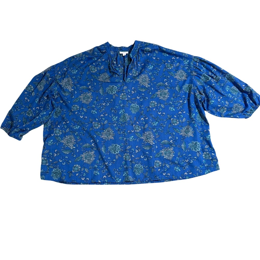 J. Jill Oversized Split-neck Floral Top Blouse Royal Blue Size 2X Plus Boho Chic